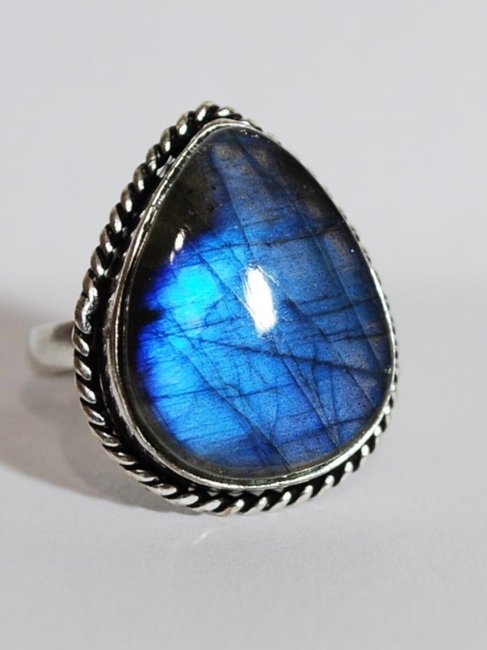 Labradorite Teardrop Statement Ring Blue Iridescent
